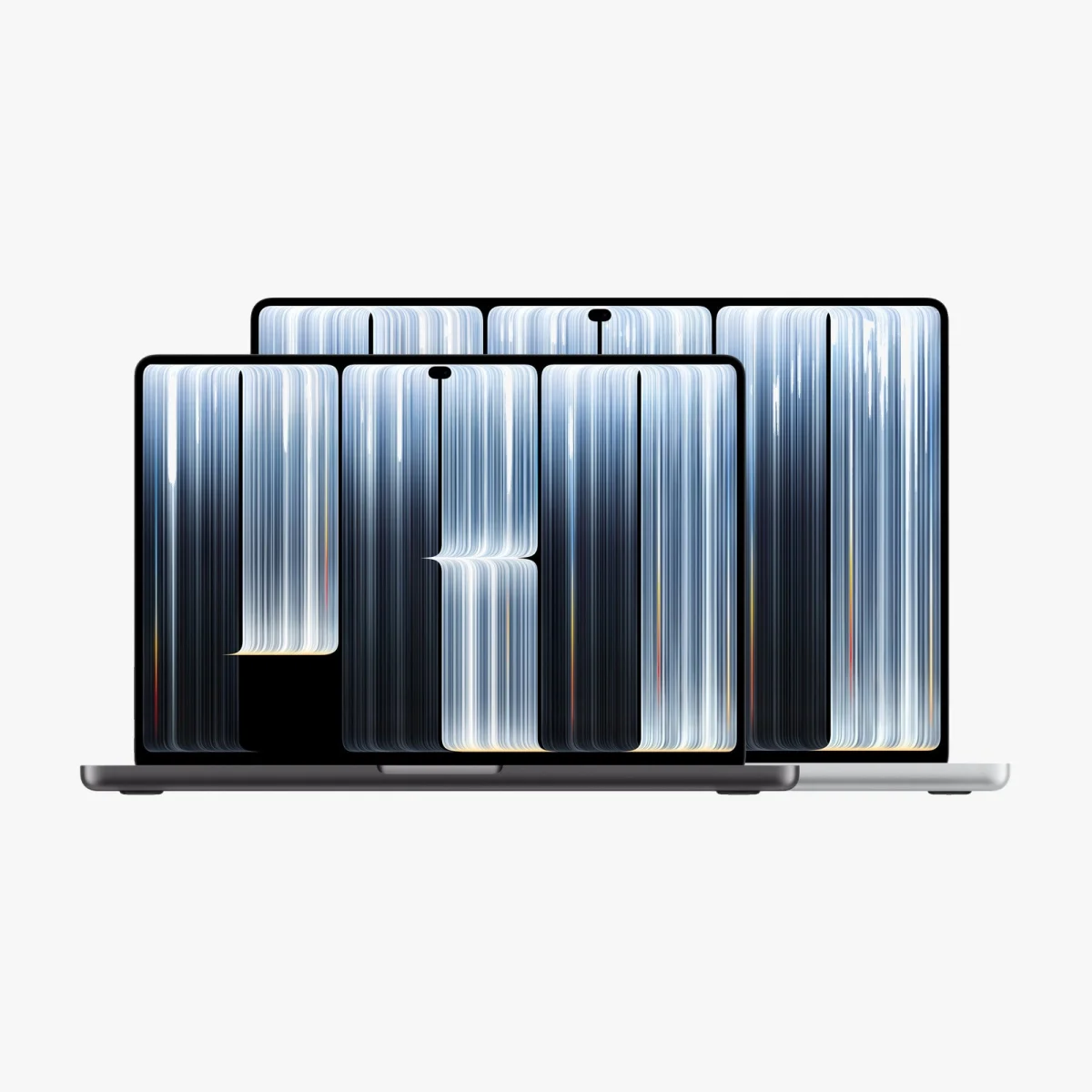 Two laptops displayed from the front, featuring screens with a vertical abstract pattern that spells out the word PRO.