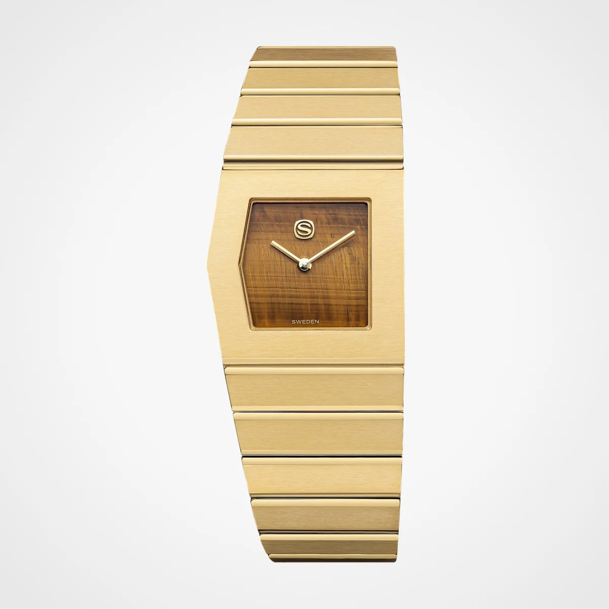 Gold-tone watch with a rectangular case, brown wood-grain dial, and integrated link bracelet.