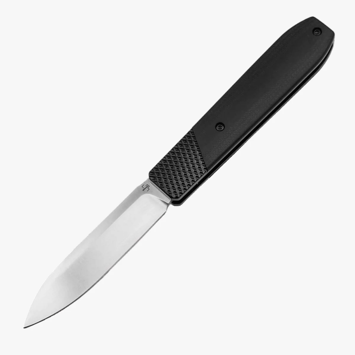 Folding pocket knife with a silver drop-point blade and a black textured handle.
