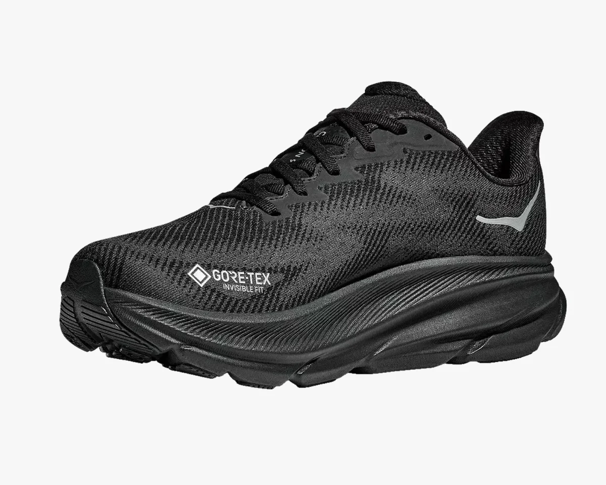 Black Hoka running shoe featuring Gore-Tex branding on the side.