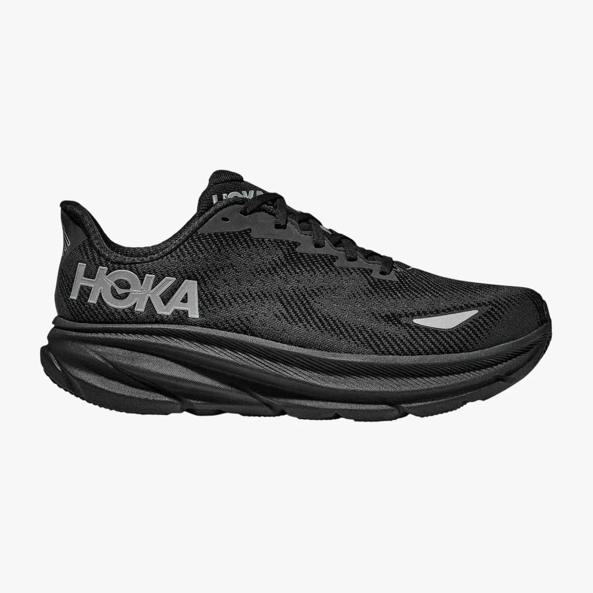 Black HOKA running shoe featuring a thick midsole and silver logo branding.