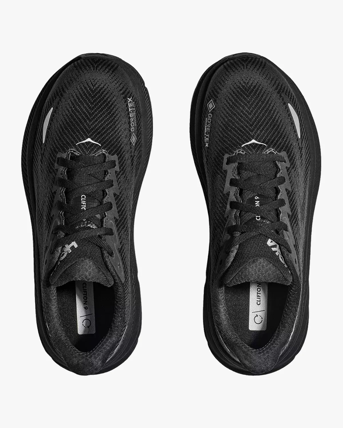 Pair of black Hoka Clifton 9 Gore-Tex running shoes, shown from a top-down perspective.