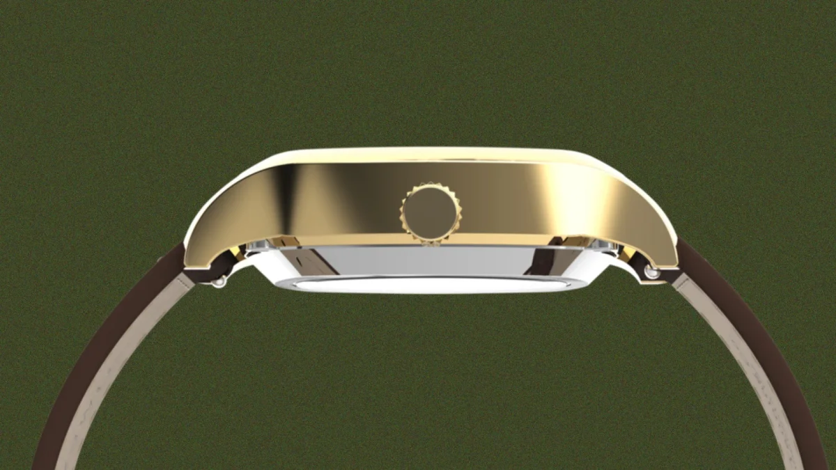 Gold-tone wristwatch with brown leather strap shown in side view.