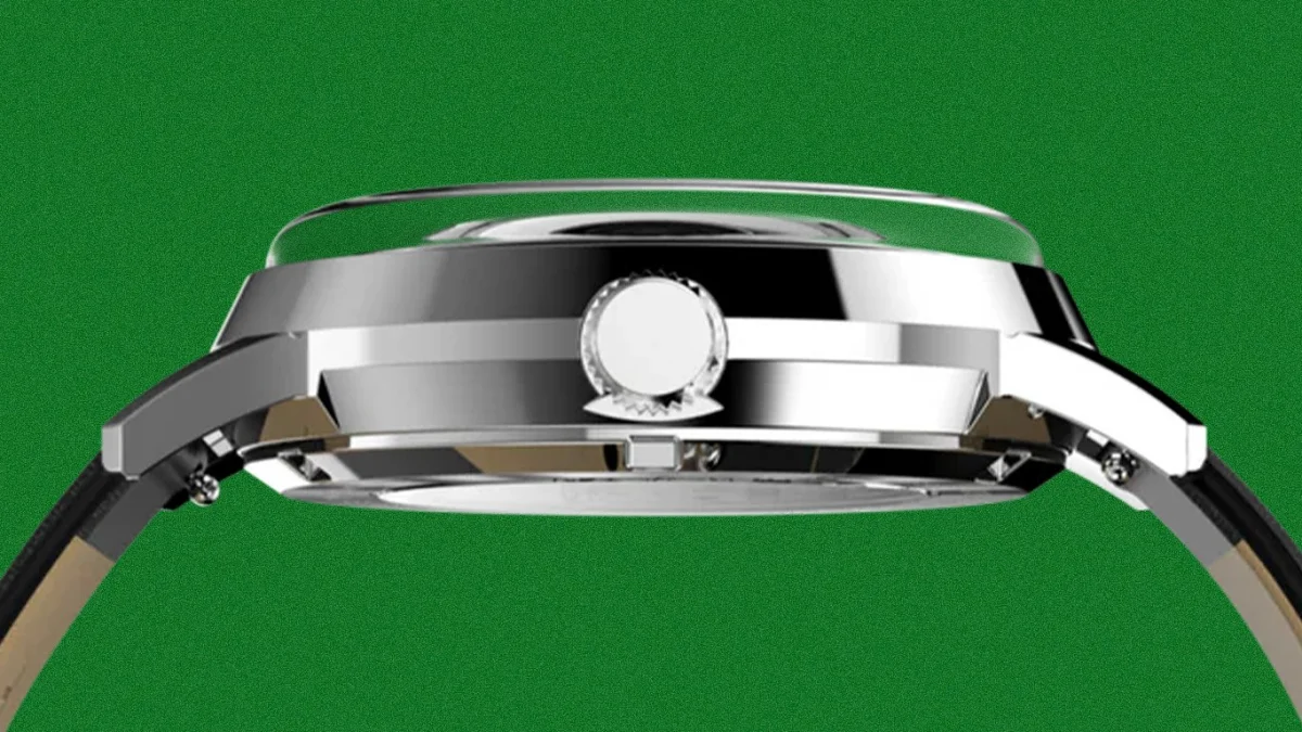 Side view of a polished silver watch case with a crown and black leather strap against a green background.