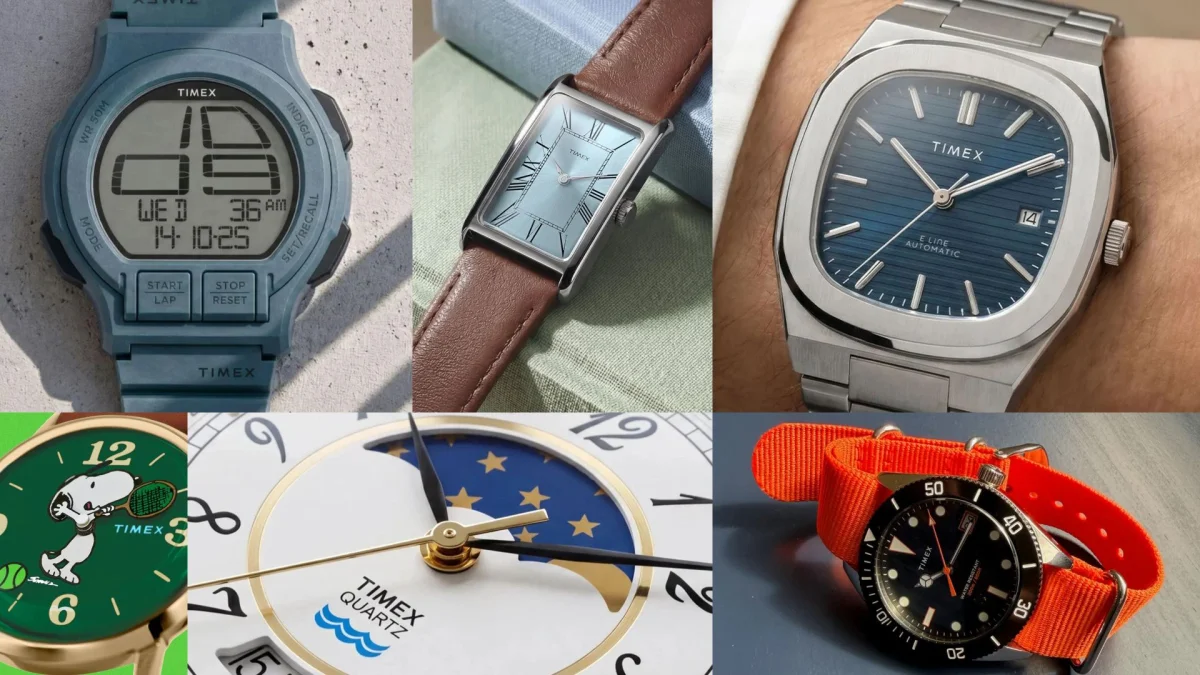 Six Timex watches in a collage, showing digital, square, and round analog styles with various watch faces including Snoopy and moon phases. Bands include metal, leather, and an orange fabric strap.