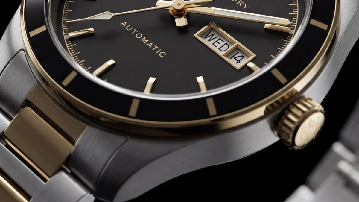 Close-up of a black and gold automatic wristwatch with day-date display and metal bracelet.