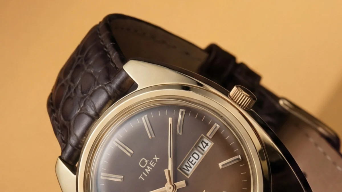 Gold-tone Timex Q watch featuring a brown dial, day-date window, and a dark brown textured leather strap.